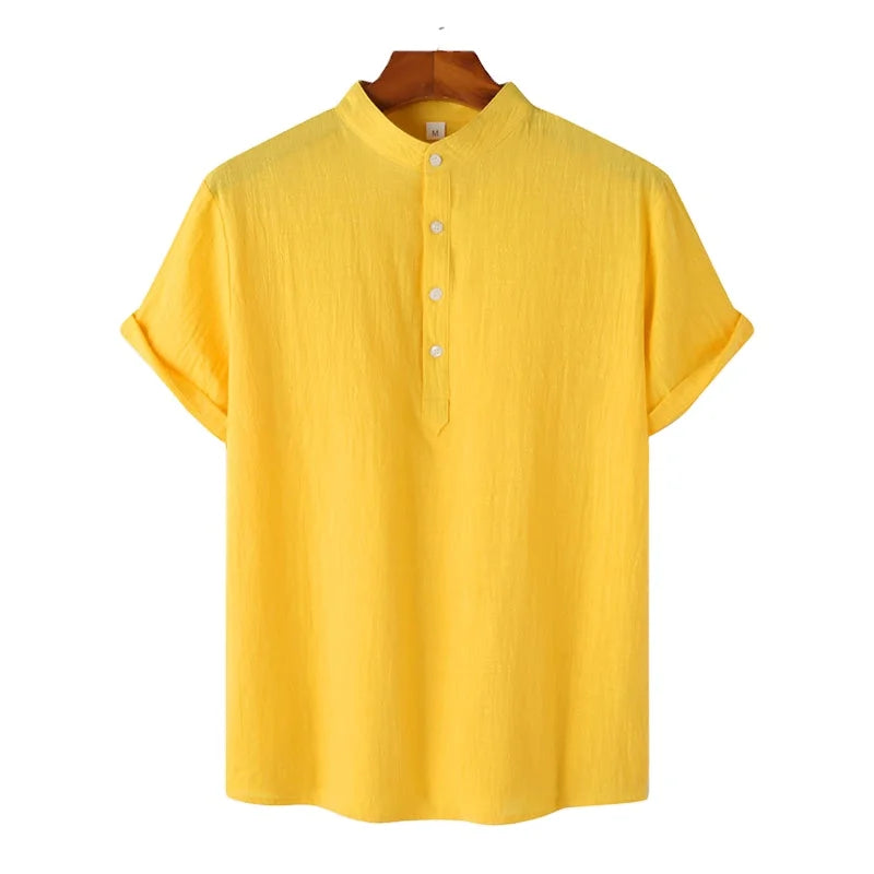 RNSHANGER Breathable Men Shirts Summer Cotton Linen Short Sleeve Shirt New Solid Color Hawaiian Beach Male Shirts