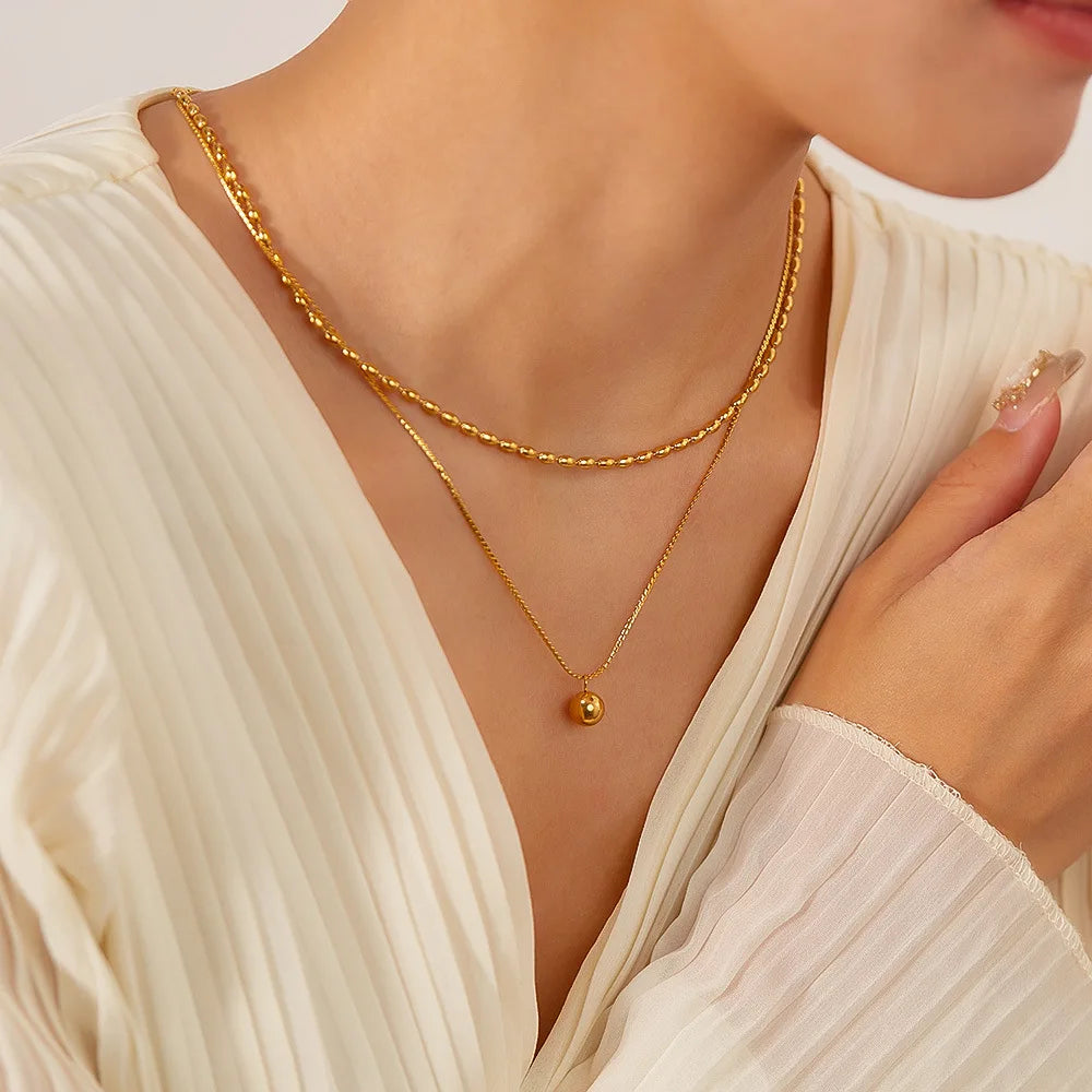 2024 Trendy Dainty Gold Plated Stainless Steel Double Layers Tarnish Free Ball Shape Pendant Necklace