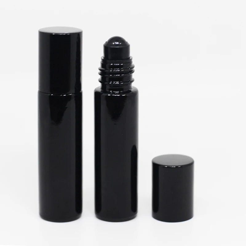 Stock 10ml Black Glossy Roller Bottle for Essential Oils Empty Black Glass Roll-On Vials with Black Glass Roller Ball Metal Lid