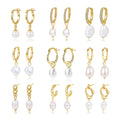 925 Sterling Silver Gold Plated Women Jewelry Natural Long Stud Drop Chain Real Baroque Freshwater Big Pearl Hoop Earrings Sets
