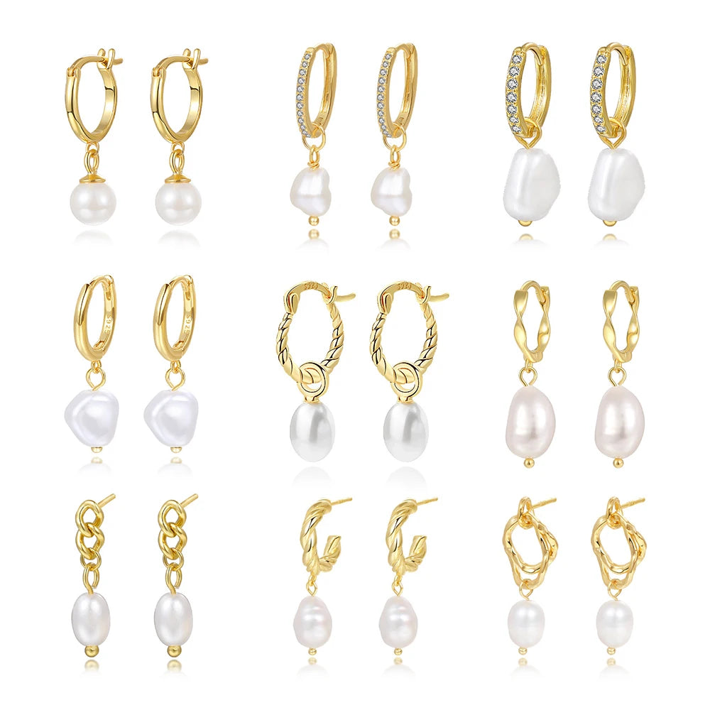 925 Sterling Silver Gold Plated Women Jewelry Natural Long Stud Drop Chain Real Baroque Freshwater Big Pearl Hoop Earrings Sets