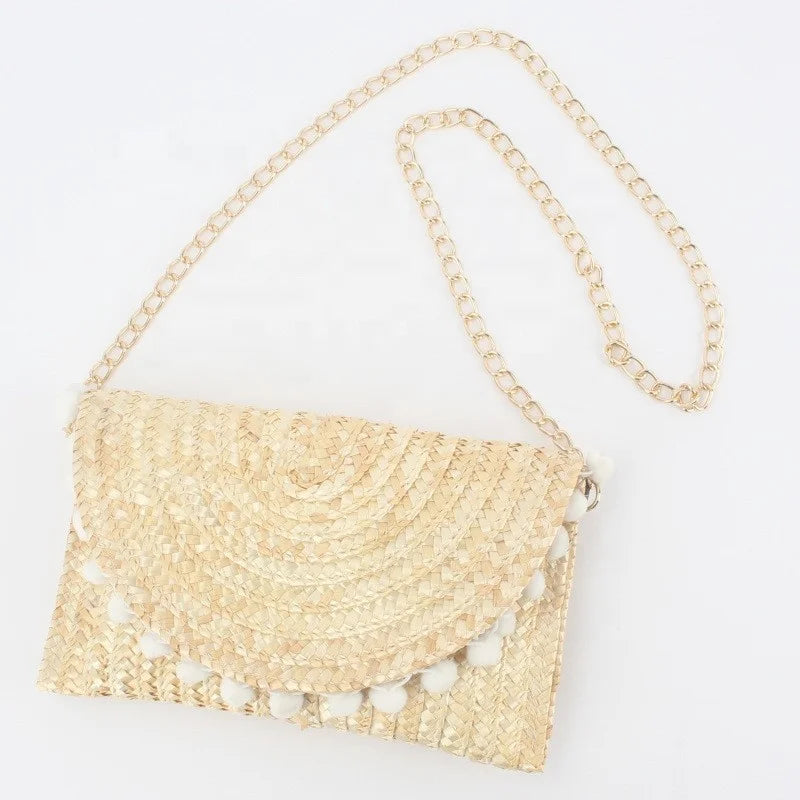 2026 Trendy Women's Woven Pom Pom Straw Beach Bag with Chain Lightweight Soft and Durable Fashionable Accessory