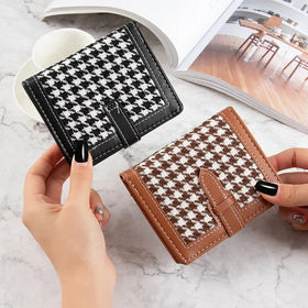 2022 Small Houndstooth Card Holder Wallets for Women Fashionable PU Leather Bifold Small Womens Short Travel Clutch Wallet Purse