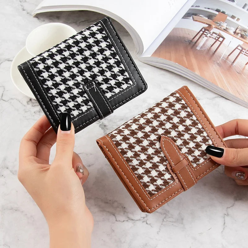 2022 Small Houndstooth Card Holder Wallets for Women Fashionable PU Leather Bifold Small Womens Short Travel Clutch Wallet Purse