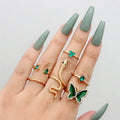 Wholesale 6pcs/set Adjustable Design Snake Butterfly Water Drop Green Gemstone Twist Fashion Jewelry Rings