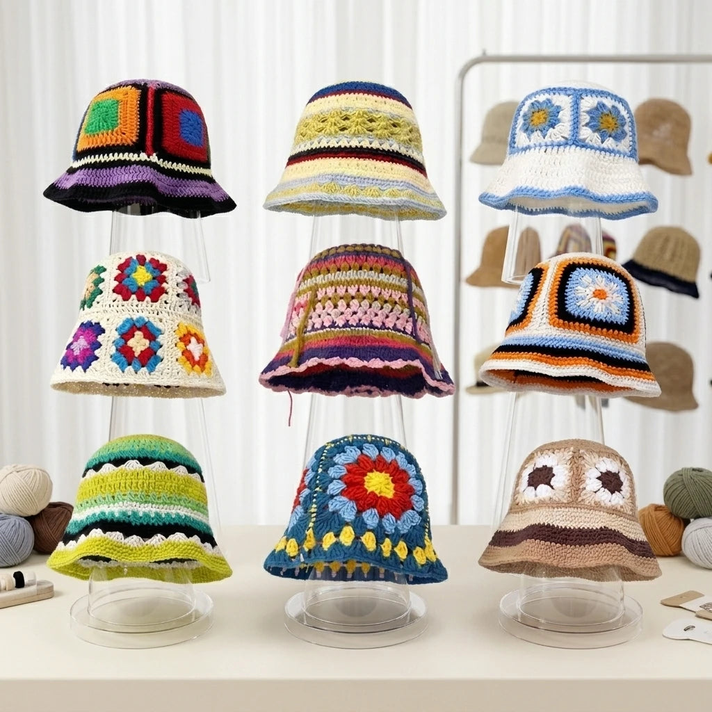 Summer Vintage Handmade Crochet Hat Patterns Foldable Beach Trendy Floral Knitted Sun Cap Bucket Hat
