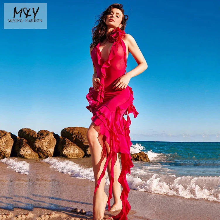 2026 Fashion Custom Women's Elegant Deep V Ruffle Chiffon Midi Dress Sexy Beach Vacation Party Dress