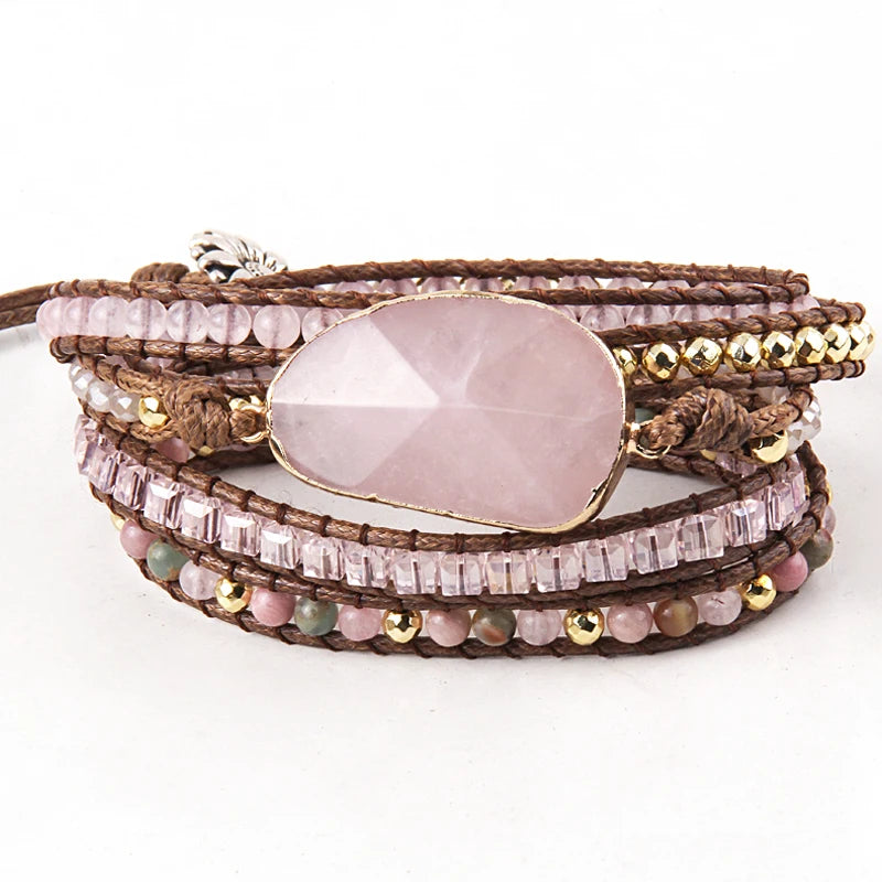 Fashion Women Gemstone Bracelet Handmade Blue Natural Stone Crystal Glass Pink Quartz  5 Wrap Bracelets