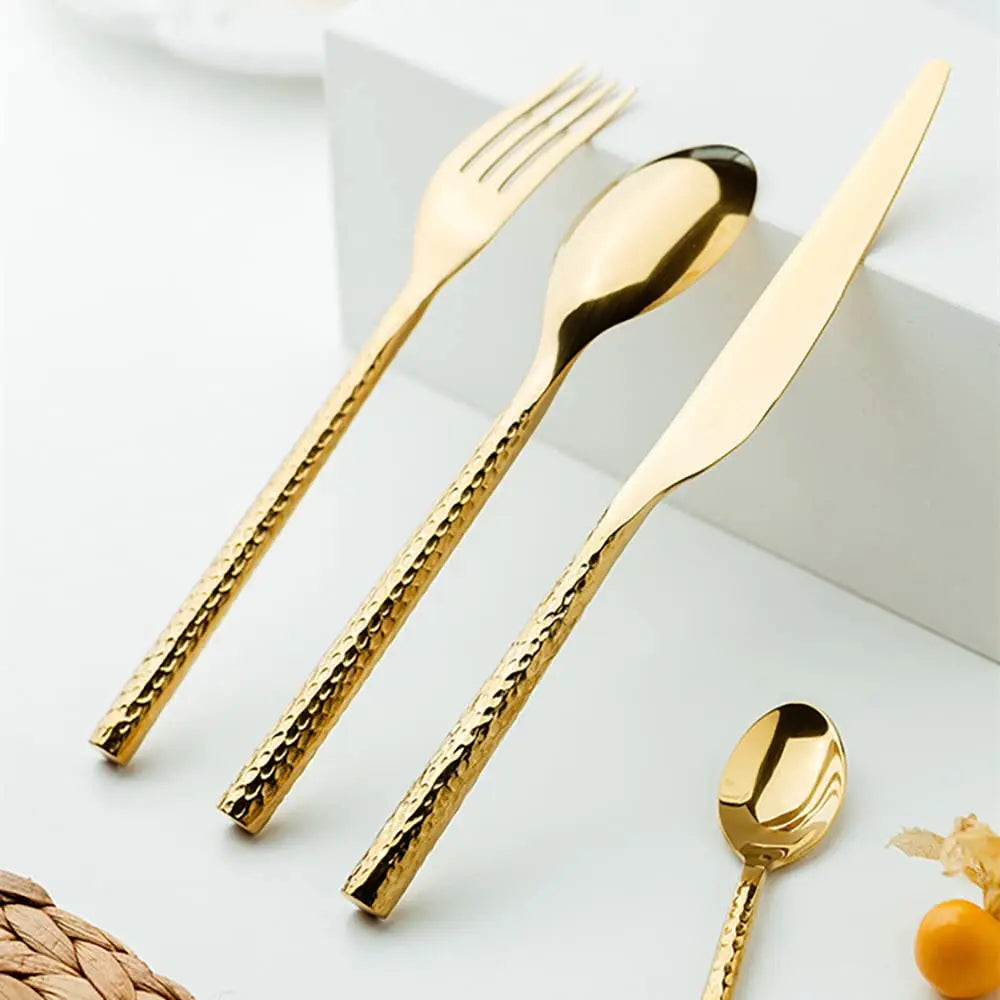 Factory Wholesale 4/5 Pcs Set Stainless Steel 304 18/8 Reusable Flatware Stainless Steel Spoon Fork Gold Hammered Cutlery