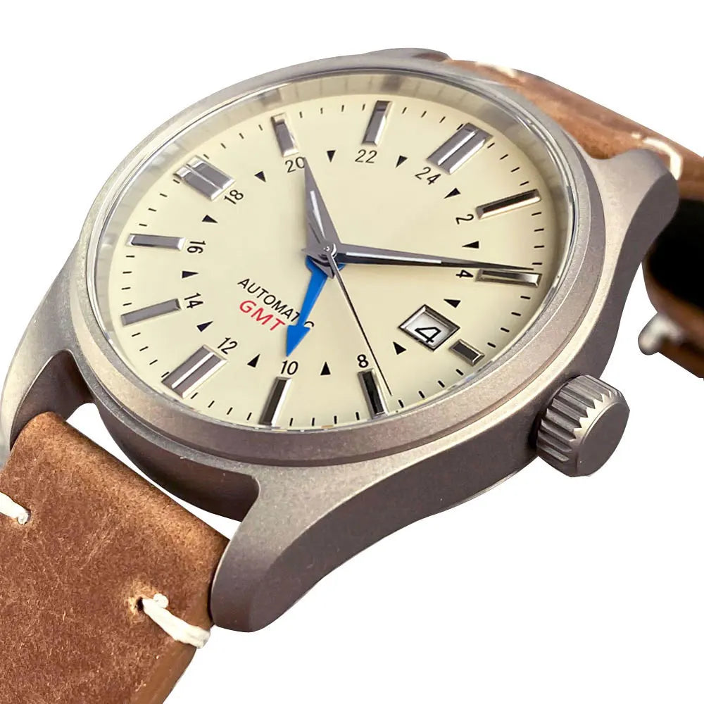 39mm Titanium Pilot Automatic Men Watch S NH34 GMT GS Dial Leather Band 200m Waterproof Tandorio Brand Swim Watches