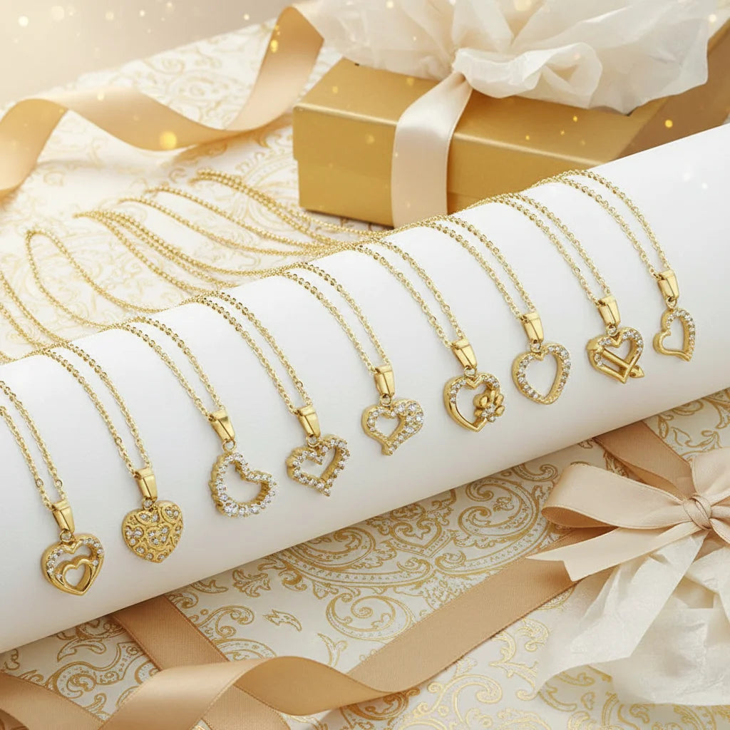 316L Stainless Steel 18K Heart Pendant Necklace PVD Gold Plated Bulk Zircon Chain Charms for Women