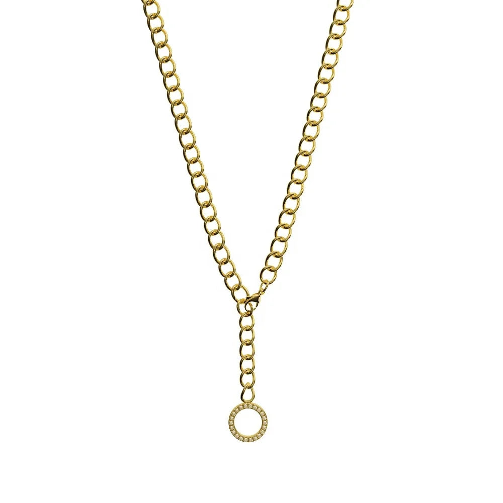 Mother's Day Fashion Jewelry Closed Glow Thick Stainless Steel Rolo Chunky Chain Gold Sparkle Zircon Rhinestone Crystal Pendant