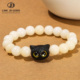 JD Wealth Healing Buddha Beads Hand String Meditation Wristband White Jade Bodhi Cute Cat Paw Black Sandalwood Owl Head Bracelet