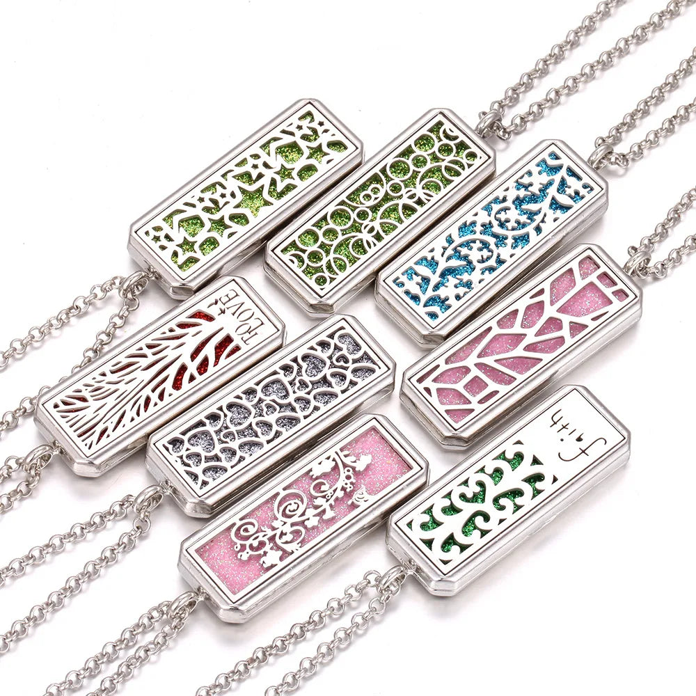 Aromatherapy Necklace Diffuser Jewelry Rectangle Stainless Steel Magnetic Locket Pendant Essential Oil Diffuser Perfume Necklace