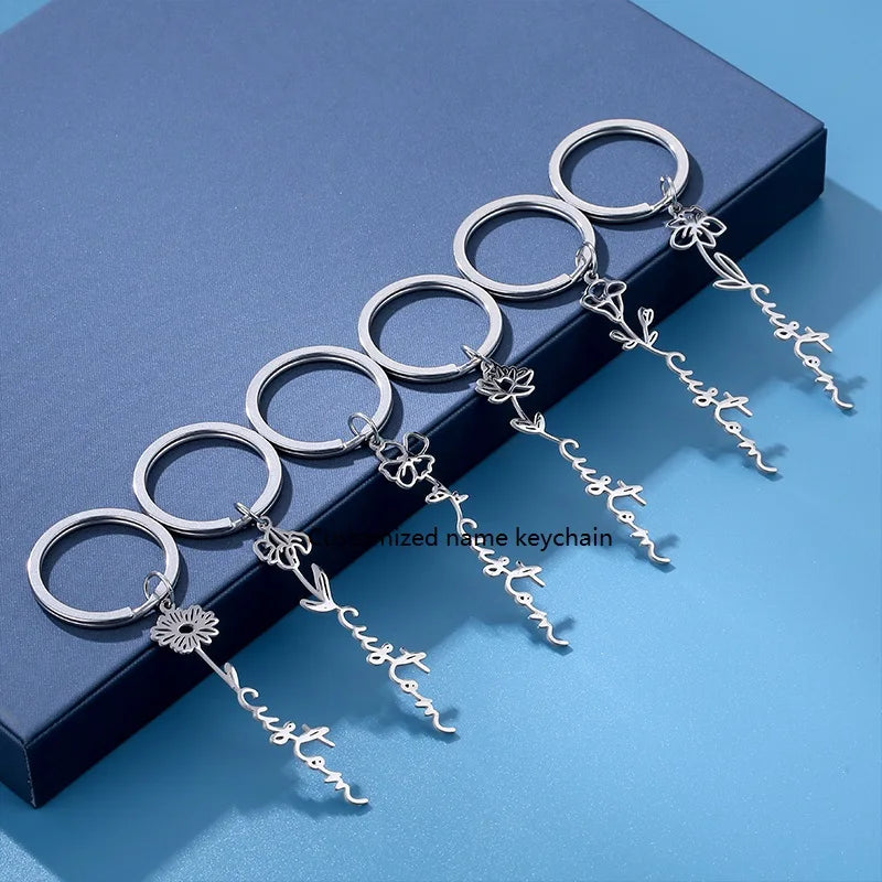 Custom Fashion Stainless Steel Plated Lightweight Birthday Flower Keychain Charm for Women