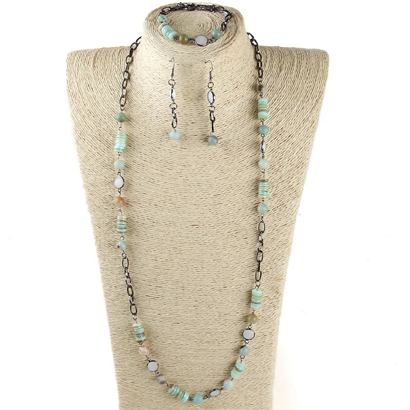 Fashion Beautiful Link Chain Jewelry Shell Plate Natural Stone Crystal Glass  Long Necklace Bracelet Earring Set