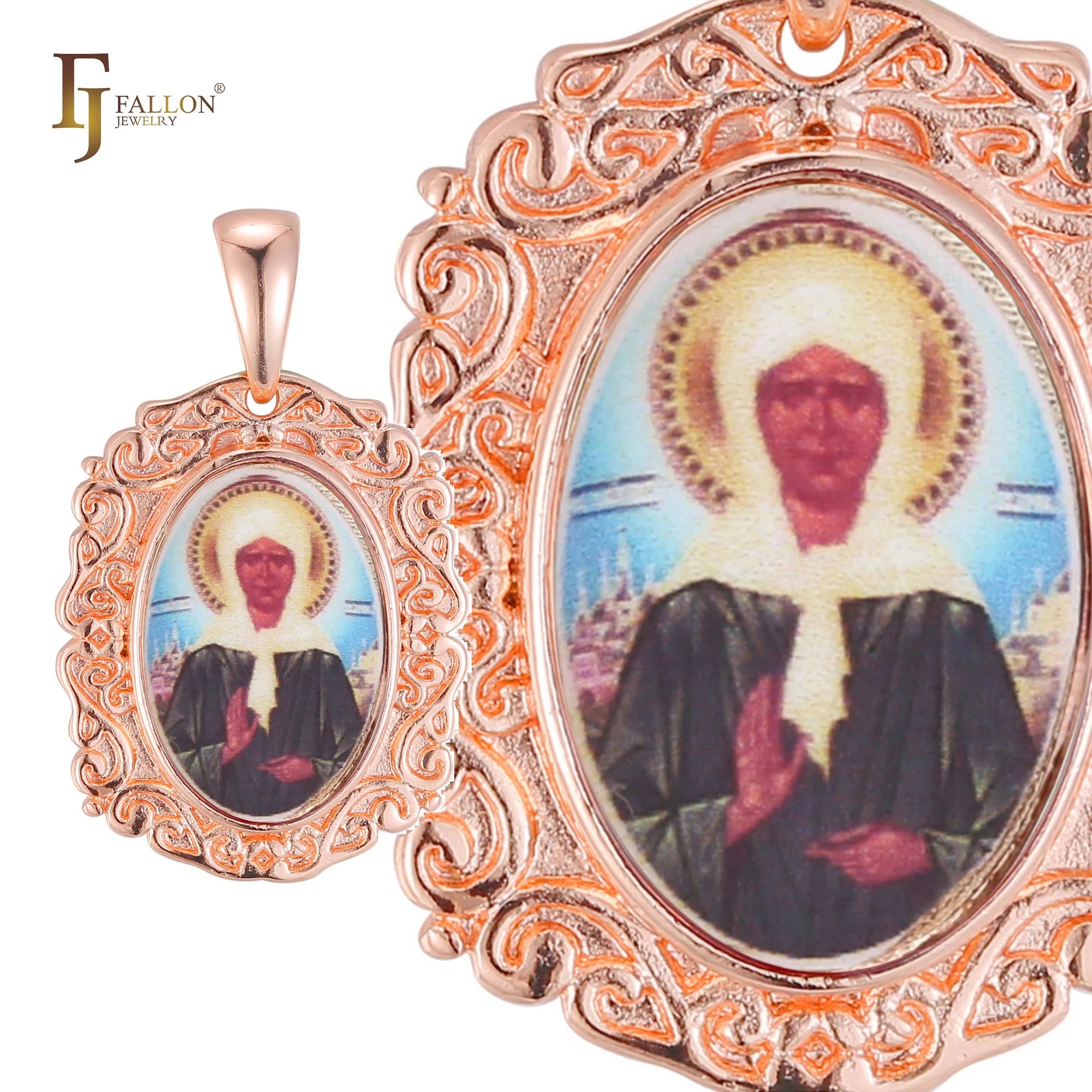 FJ Fallon Fashion Jewelry Russian Orthodox Religious Pendant of Saint Matrona Plated in Rose Gold Brass Based