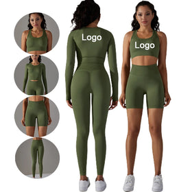 Yoke Custom Logo Solid High Waist Seamless 4-Piece Bra Leggings Activewear Kits Women Gym Fitness Long Sleeve Yoga Shorts