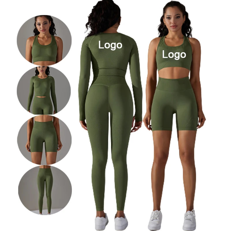 Yoke Custom Logo Solid High Waist Seamless 4-Piece Bra Leggings Activewear Kits Women Gym Fitness Long Sleeve Yoga Shorts
