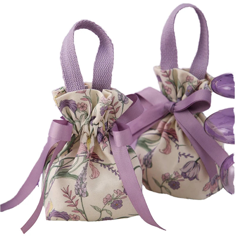 Customized Logo Recyclable Flower Printed Drawstring Pouch New Design Cotton Wedding Candy Canvas Sachet Gift Bags