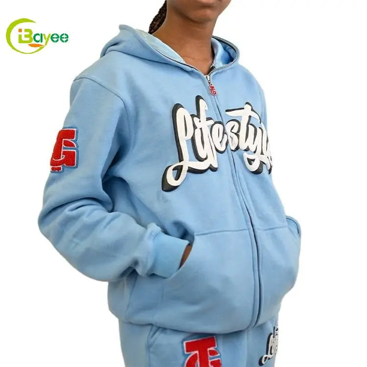 Oem Clothing Zip up Hoodie Manufacturers Custom Puff Printing Rhinestone Streetwear Hoodie Men 3D Puff Print Hoodie