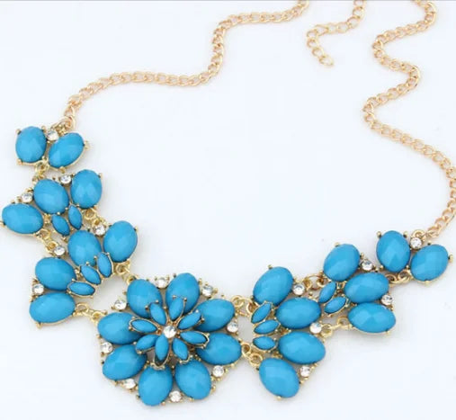 Boximia Turquoise Diamond Metal Jelly Color Flowers Mix Color Floret Temperament Short Paragraph Necklace