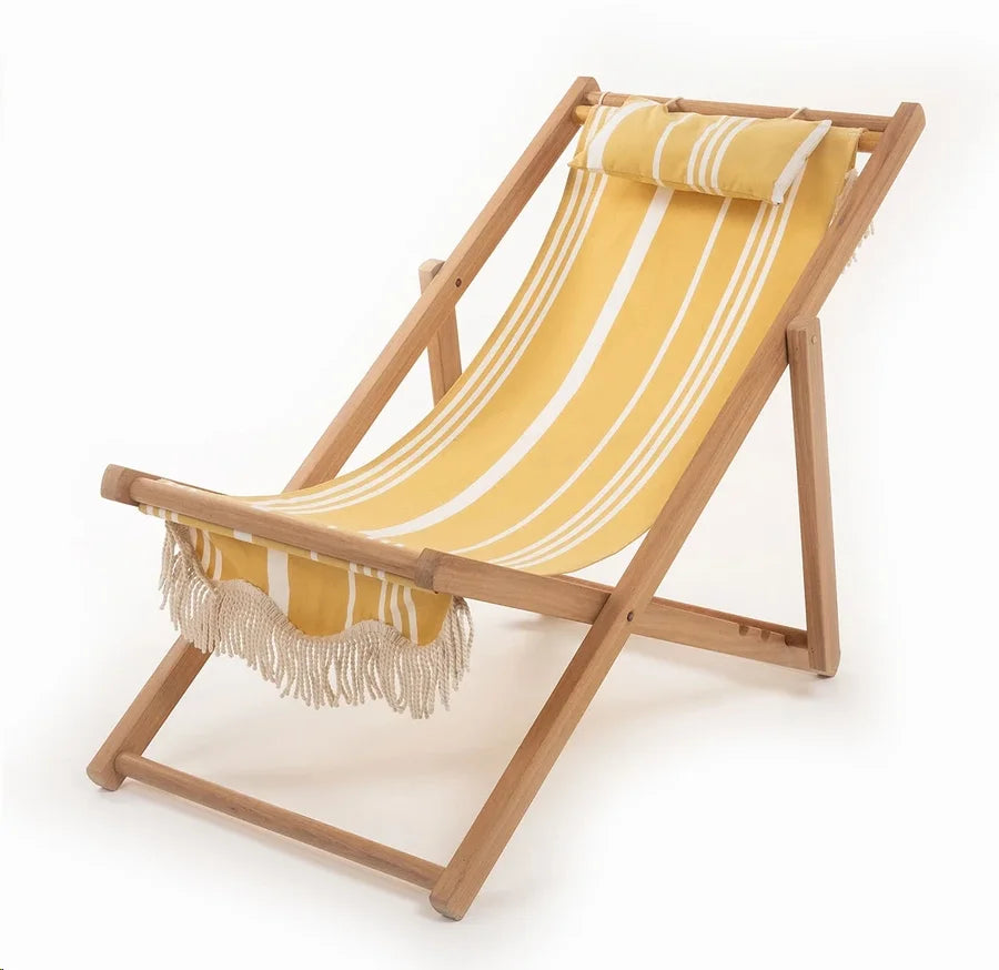 Adjustable Height Foldable Wooden Beach Chair with Pillow Red Stripe Pattern Moon Chair
