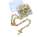 (Boxed) Golden Rose Rosary Necklace Rose Beads Cross Jewelry Rosary