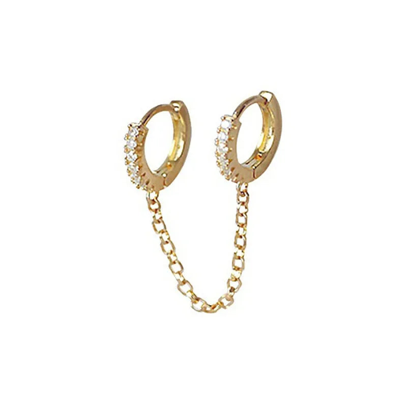 Simple Crystal Zircon Double Ear Pierced Earrings Women Men Punk Styles Long Chain Hoop Earring Aretes Con Cadenas