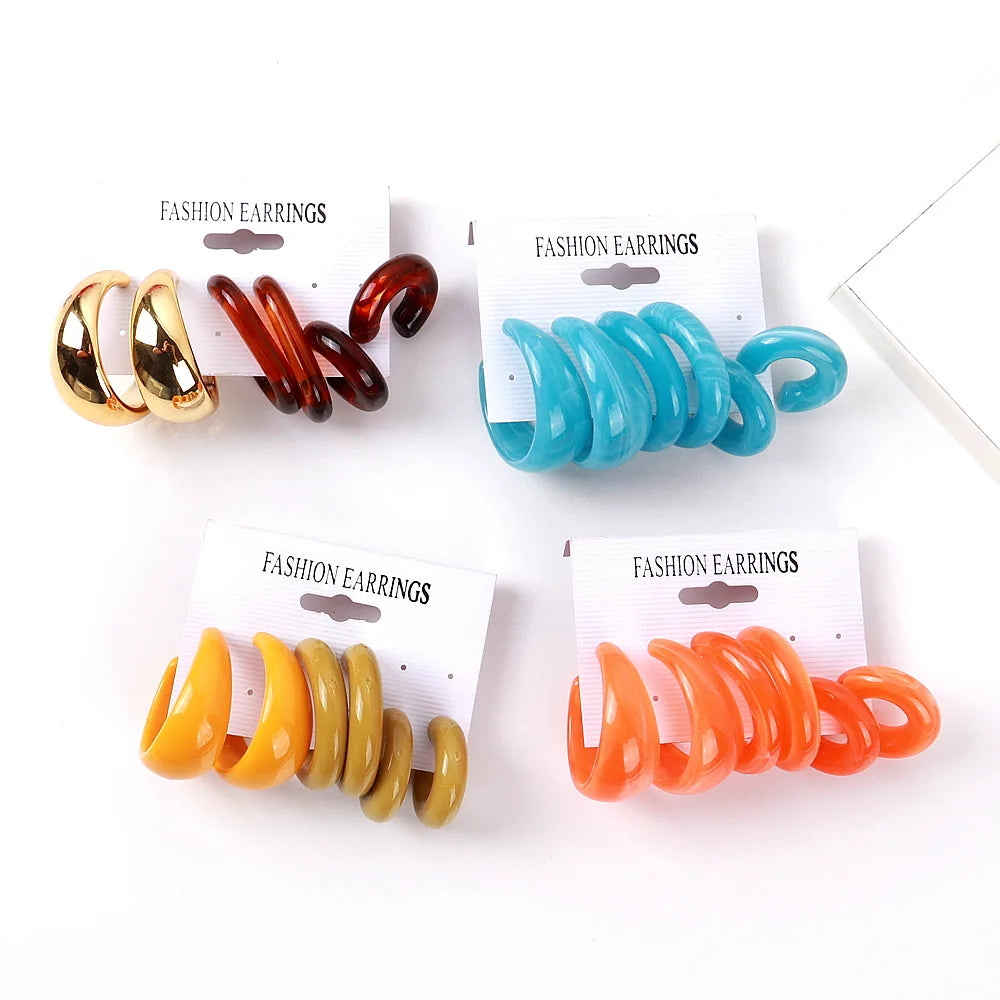 Patterned Street Resin Hoop Earrings Vintage Trend Amber Gold Blue Orange Yellow 3pairs 1set Acrylic Trendy Cc FS