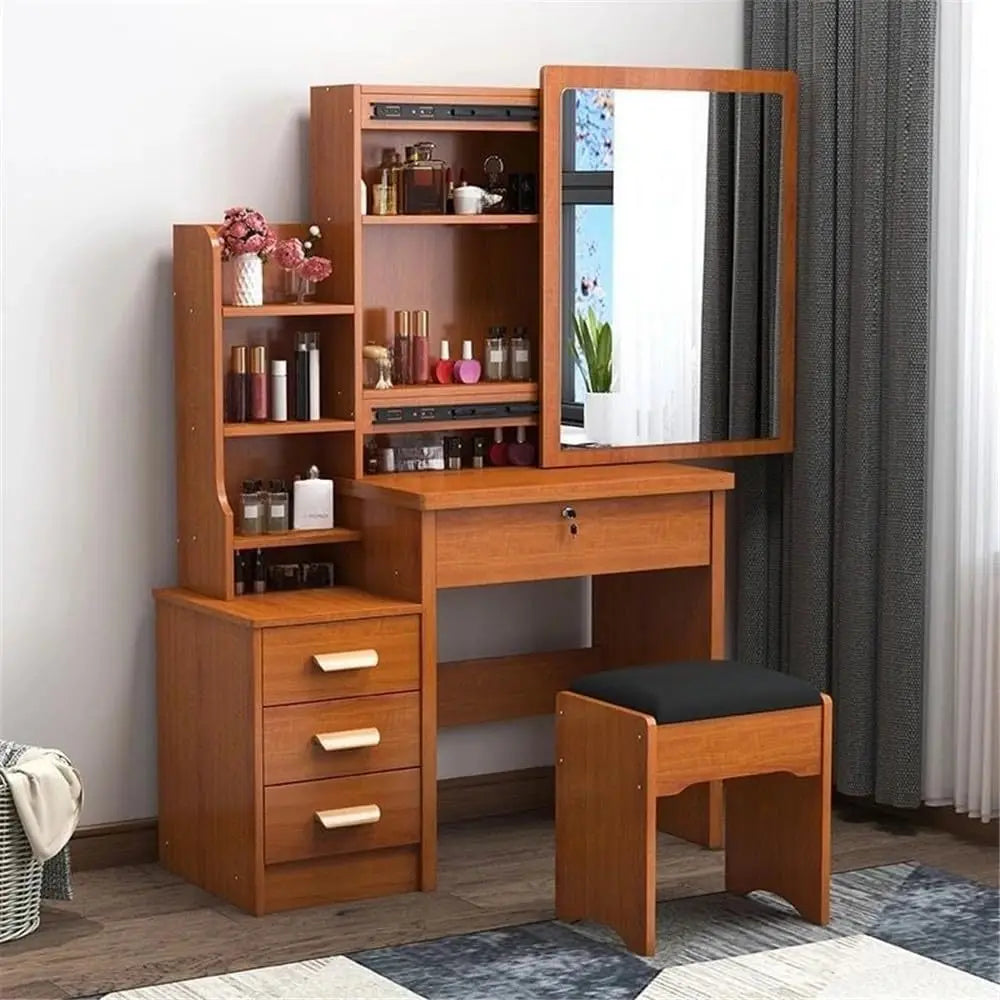 Vanity with Stool Set Sliding Mirror Door Simple Standard Modern Multifunctional Dressing Table Wood Desk 4 Drawers