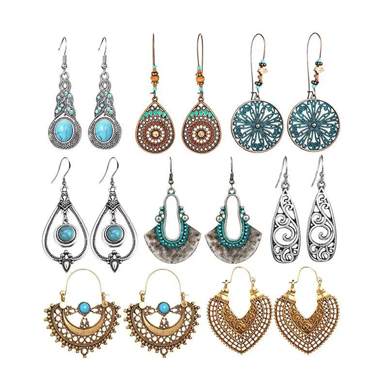 8 Pairs Vintage Statement Drop Dangle Earrings Bohemian National Style Earrings