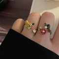 Wholesale Rhinestone Ring 8 Styles I Chain Clover Leaf Ring Adjustable Enamel Bird Flower Rings for Women