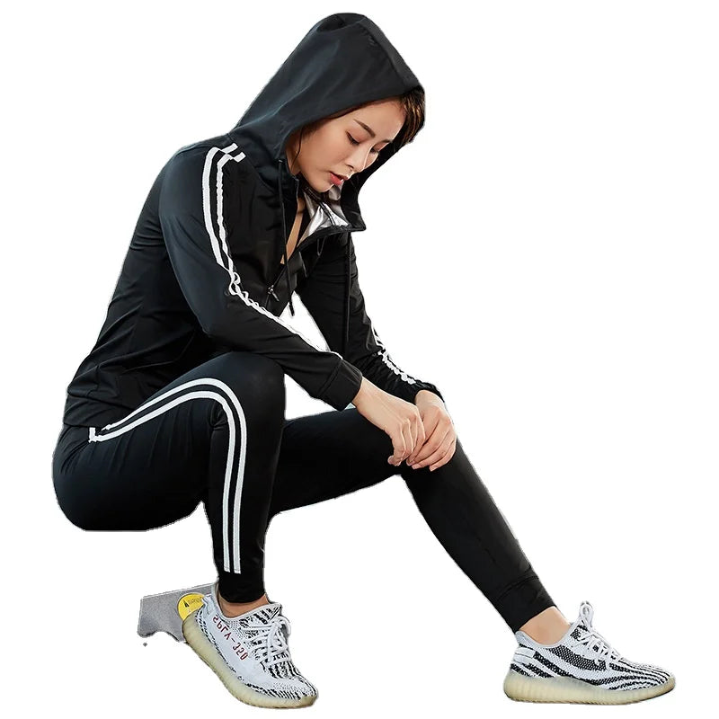 2021 Bluk Woman Sauna Sweat Suit Workout Gym Fitness Long Sleeve Jacket Sweatwe Pants  Two Piece Set Customer logo