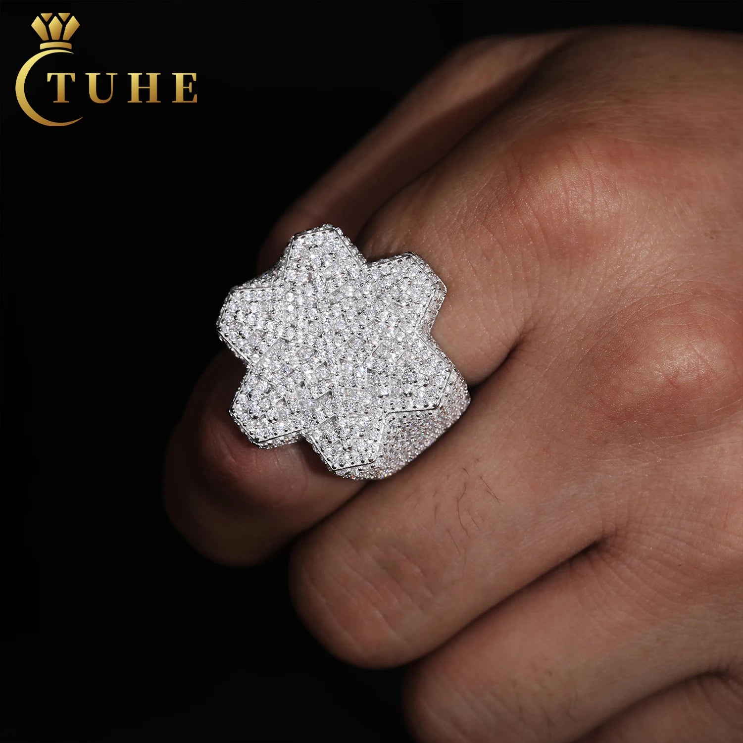 Sparkling Street Rappers Christmas Jewelry Gift White Gold 925 Silver Micro Moissanite Iced Out Hexagon Snowflake Ring for Men