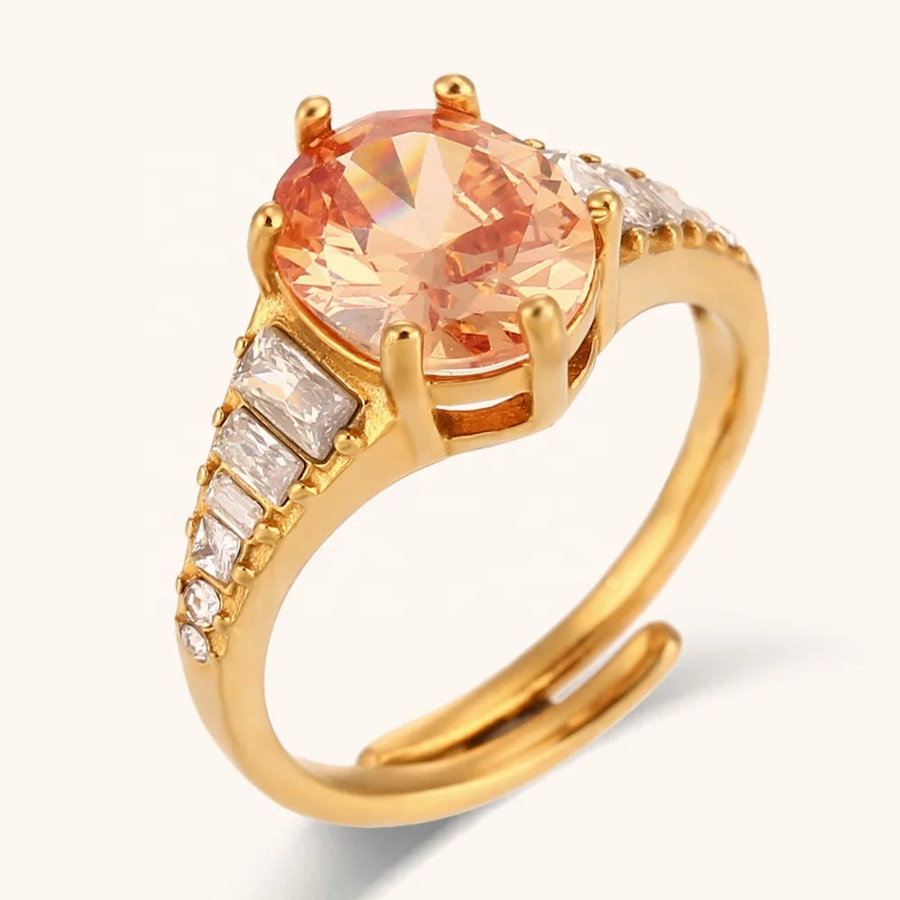 Dingran Fashion Luxury Oval Zircon Adjustable Ring Waterproof Stainless Steel Gold Plated Jewelry Rings