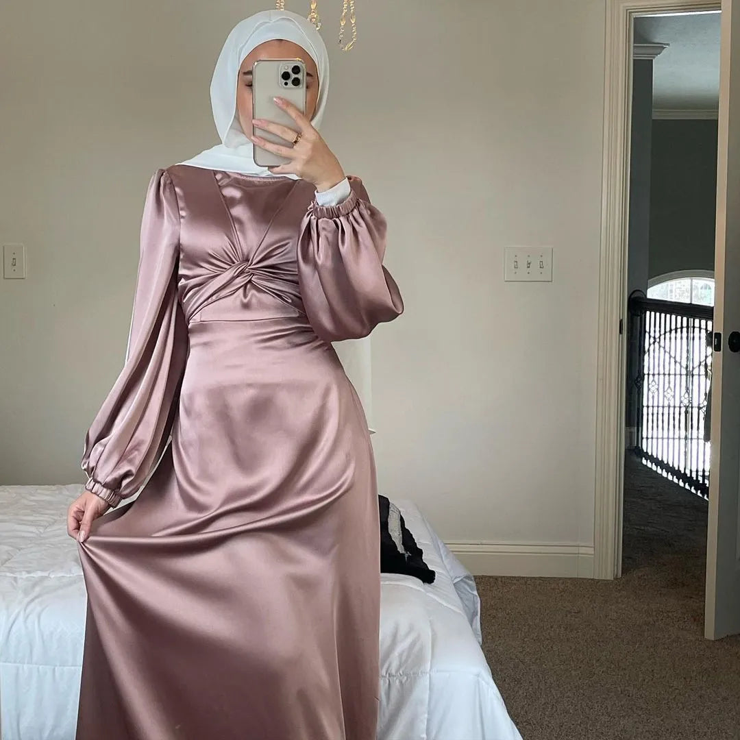 Cleranace Sale Loriya Islamic Clothing Wrap Satin Dress Elegant Women Modest Dresses Middle East Daily Wear Muslim Long Dress