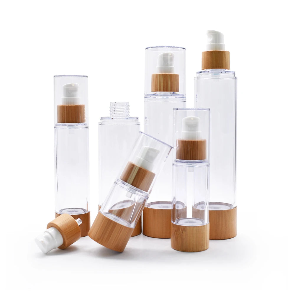 Hot Sale Bamboo Plastic Airless Pump Bottle with Pump Sprayer for Skin Care Serum and Lotion Custom Logo Cosmetic Use