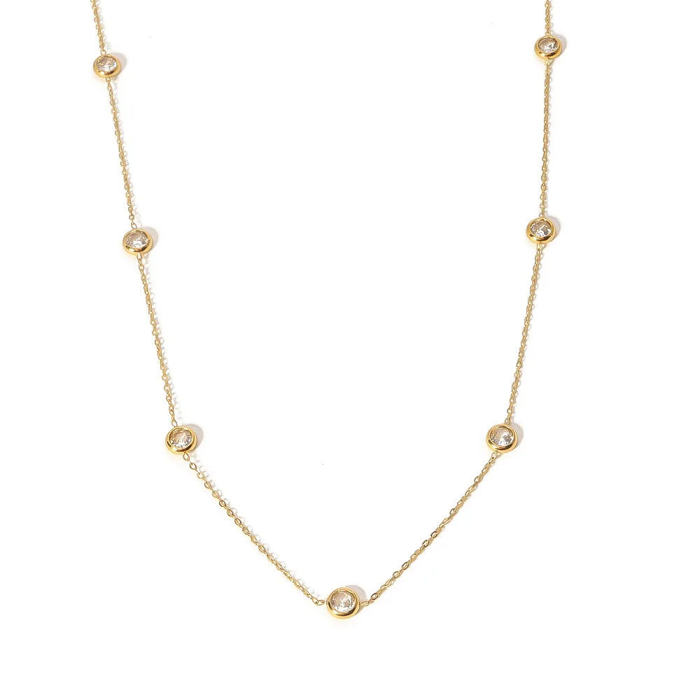 Ins 18K Gold Plated Stainless Steel Round CZ Stone Necklace for Women Waterproof Hypoallergenic