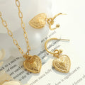 French Stainless Steel Love Drop Earring Necklace Set Embossing Heart Textured 18k Gold Heart Pendant Necklace Jewelry