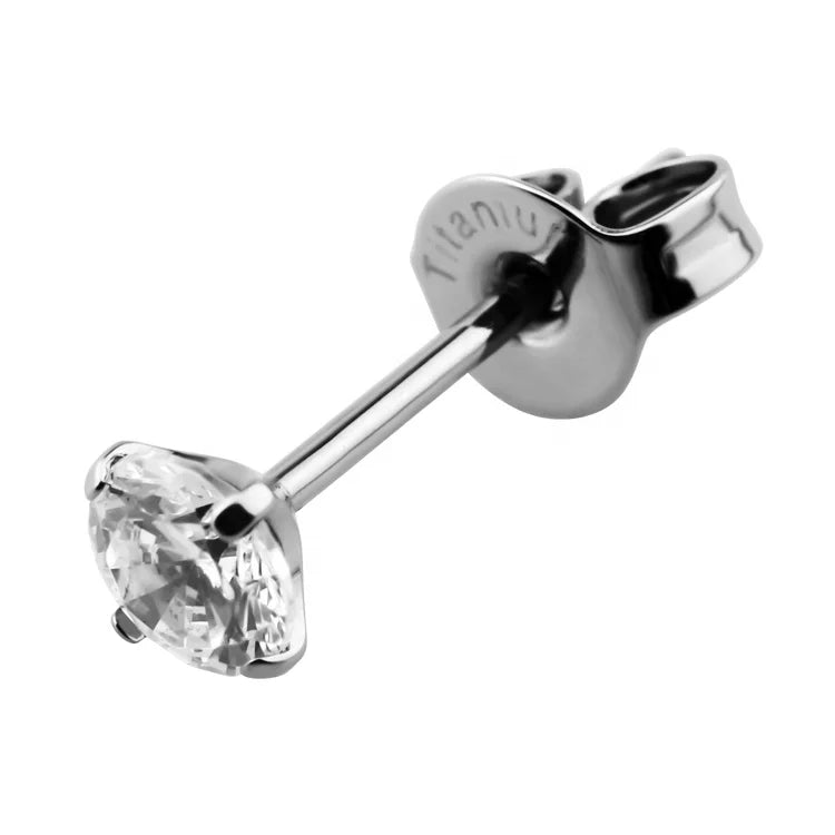 Astm F136 Titanium Earrings Prong Setting Cz Ear Studs Earring Laser Titanium Word Clasp Titanium Ohrringe Earring