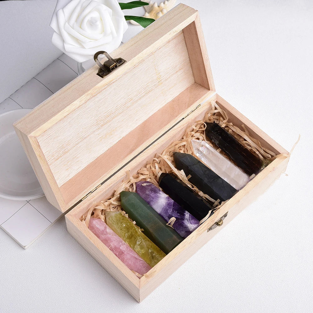 Natural Crystal Faceted Prism Wand Healing Gemstone Positive Energy Reiki Wand Gift Set
