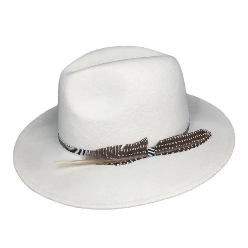 Fashion Hats for Men New White 100% Australia Wool Felt Wide Brim Jazz Panama Hat Fedora Mens Dress Hats Wholesale With Feather