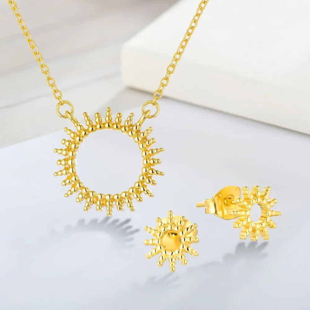 Korean 18K Gold Plated Jewelry Fashion Sun Pendant Necklace Open Sun Earrings 100% 925 Sterling Silver Artificial Jewelry Set