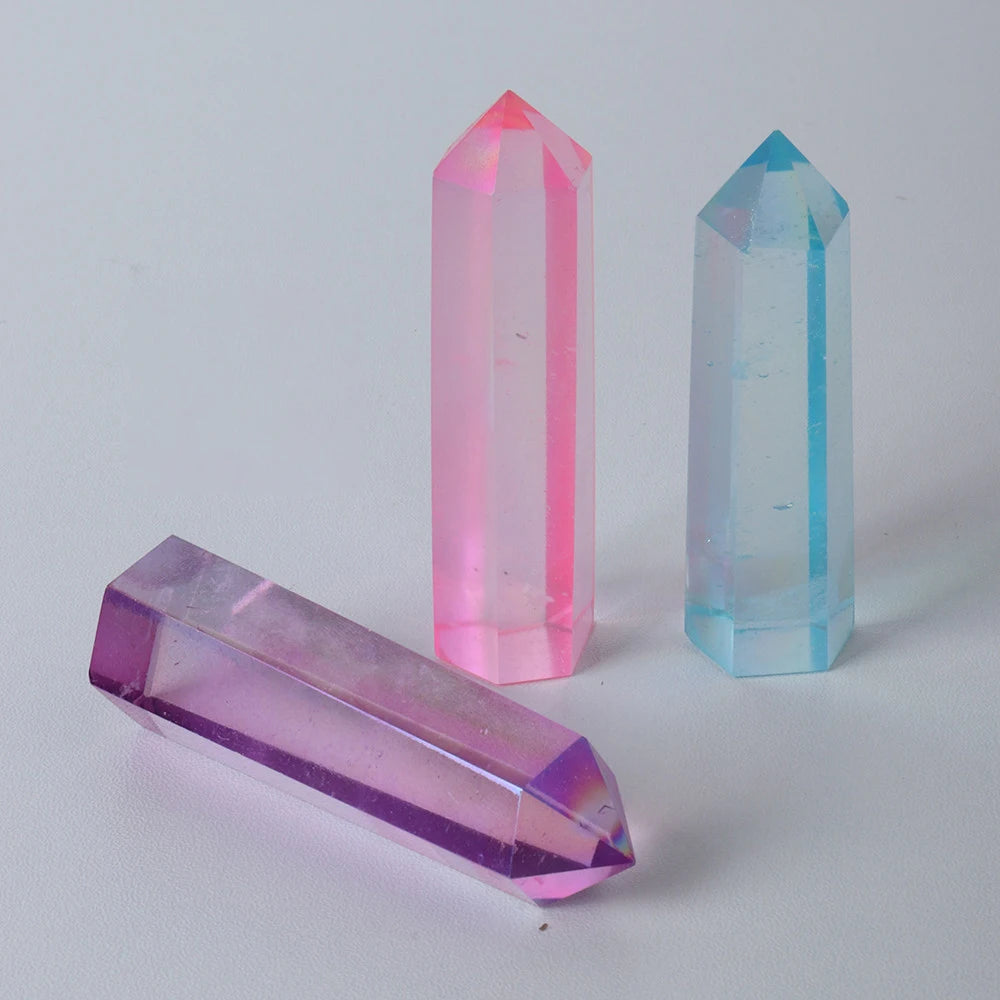 Electroplating Rainbow Crystal Point Wand Faceted Hexagon Column Reiki Ornament