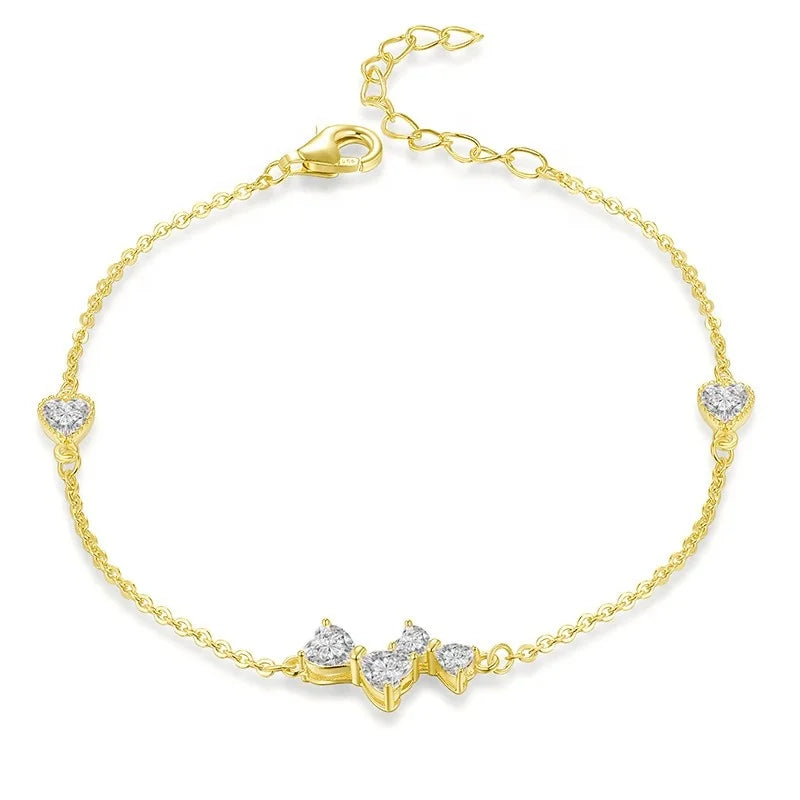 Women Silver Fine Jewelry Gold Plated Link Chain Cubic Zircon Stone Heart Cut Charm Bracelet for Mother's Day