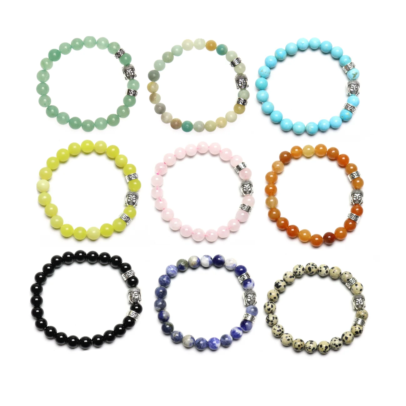 SLKS1009 Natural Gemstone Bracelets Antique Silver Alloy Buddha Head Spacer Healing Crystal Stone Custom Bracelet for Women Men