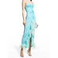 Formal New Design Fashion Strapless Ruched Corset Maxi Dress Feathers With Zipper Blue Dresses
