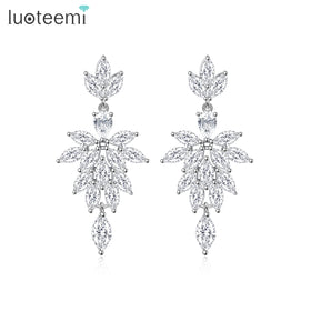 LUOTEEMI Elegant Leaf Zircon Jewelry Charm Woman Luxury Flower Earing for Girl Cz Long Earrings