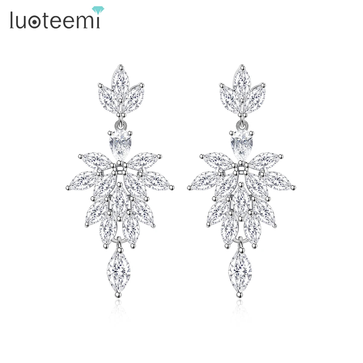 LUOTEEMI Elegant Leaf Zircon Jewelry Charm Woman Luxury Flower Earing for Girl Cz Long Earrings